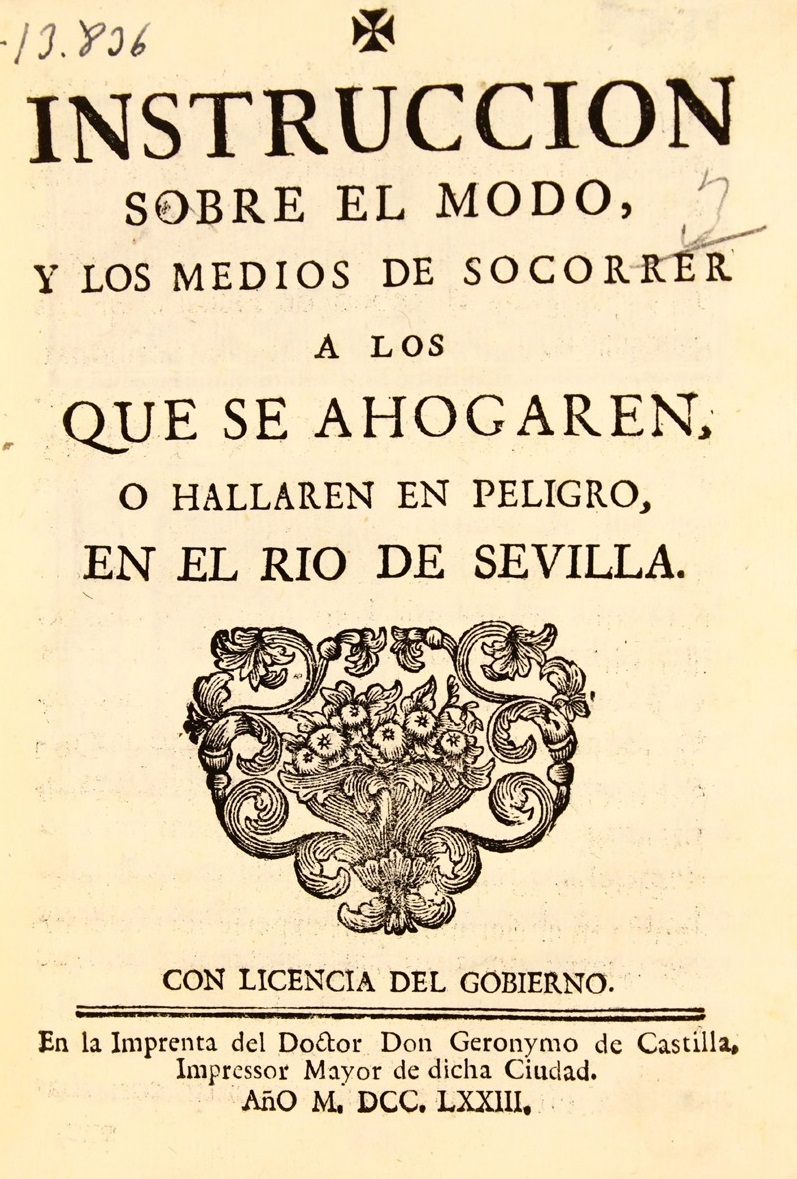 Portada de libro titulado Instrucción sobre el modo y los medios de socorrer a los que se ahoguen