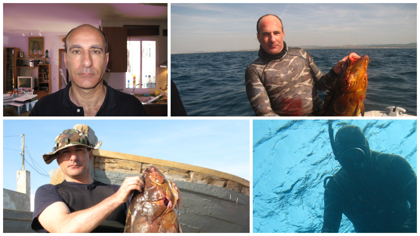 Cuatro imágenes del mismo hombre: en una habitación, sujetando un pescado y practicando buceo