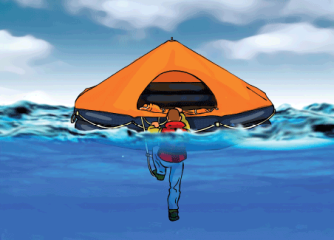 ilustración  persona subiendo a balsa salvavidas