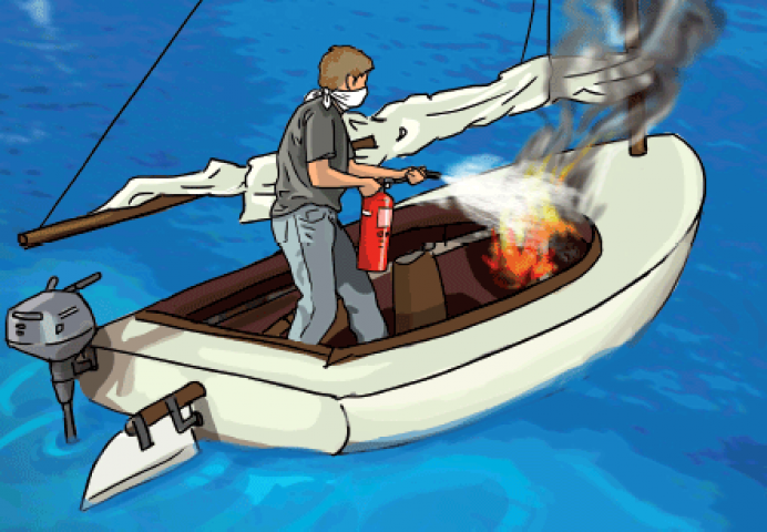 ilustración de lucha contra incendio en un velero con extintor